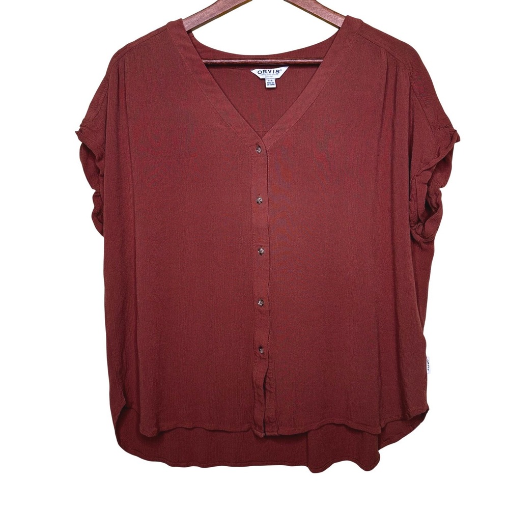 Orvis Classic Collection Rust Red Rayon Button Down V-Neck Blouse Large 1770085